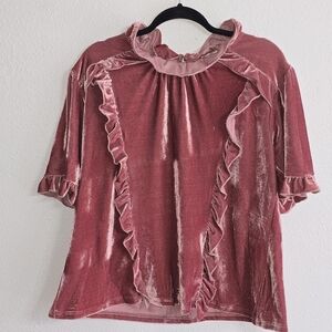 POL Velvet Ruffle Mock Neck Blouse - Rose Boho Size S Oversized